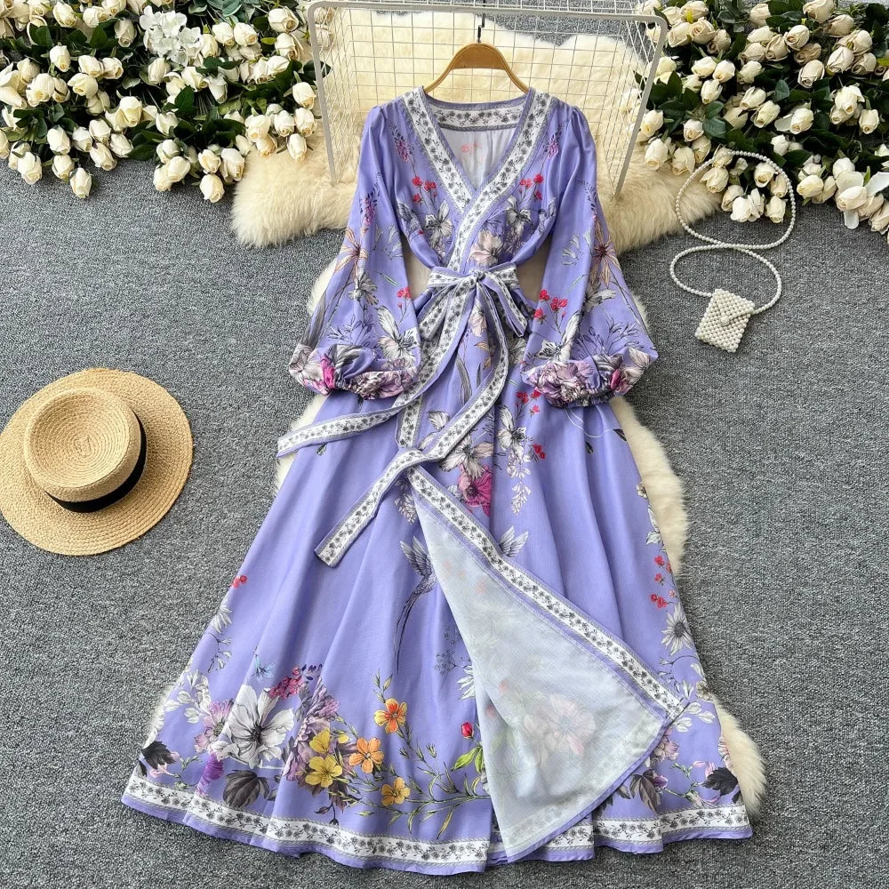 Cross V-neck Lantern Sleeve Panelled Dress SA119