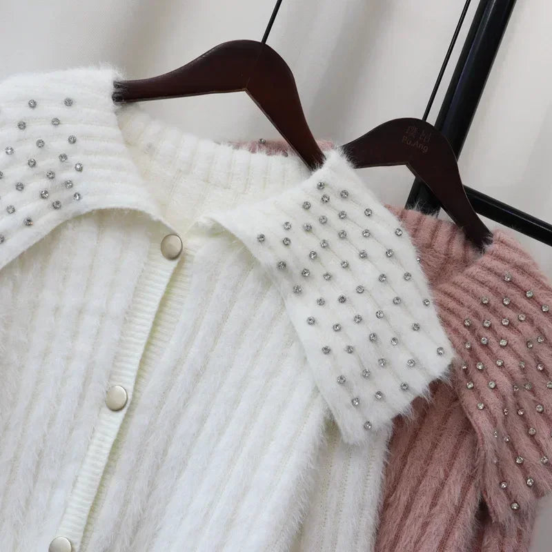 Diamond Peter Pan Collar 2024 Woman Cardigan Single Breasted Ropa Mujer Waterproof Mink Outerwears Loose Sweater Cardigans