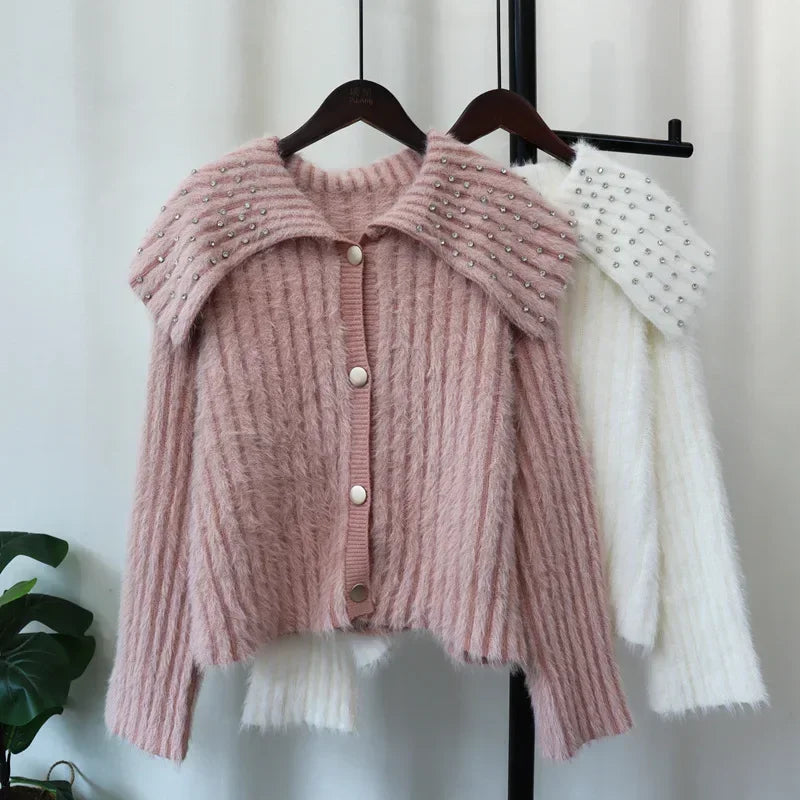 Diamond Peter Pan Collar 2024 Woman Cardigan Single Breasted Ropa Mujer Waterproof Mink Outerwears Loose Sweater Cardigans