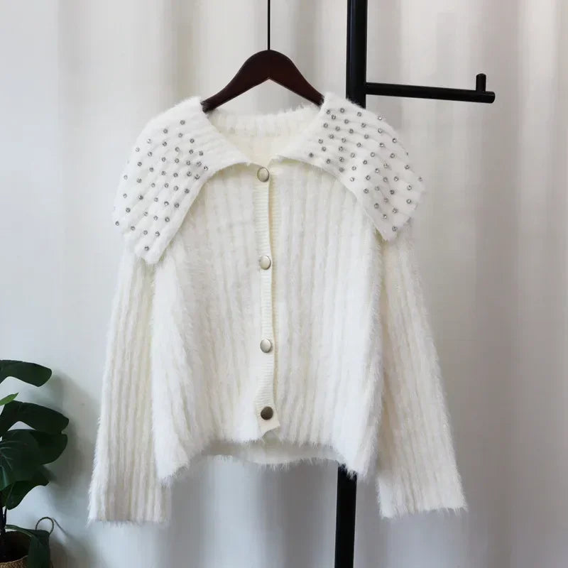 Diamond Peter Pan Collar 2024 Woman Cardigan Single Breasted Ropa Mujer Waterproof Mink Outerwears Loose Sweater Cardigans