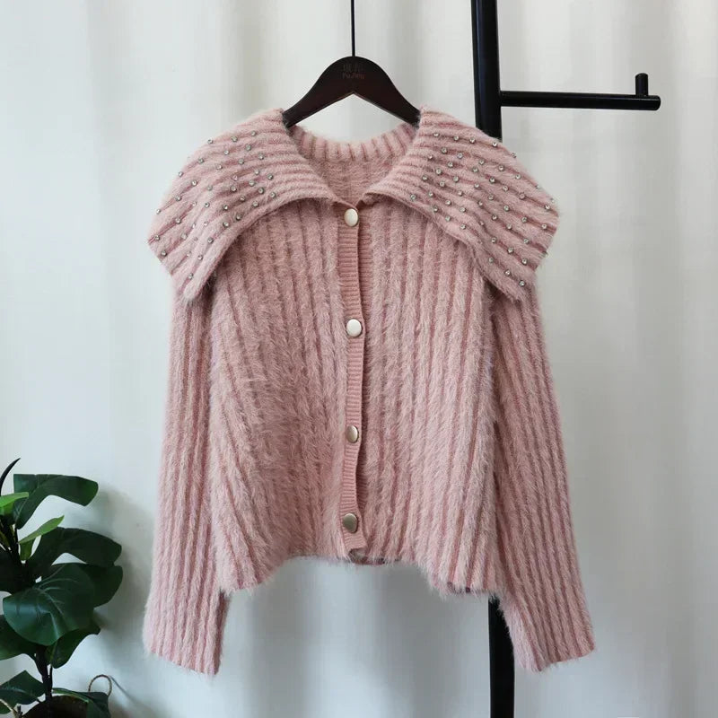 Diamond Peter Pan Collar 2024 Woman Cardigan Single Breasted Ropa Mujer Waterproof Mink Outerwears Loose Sweater Cardigans