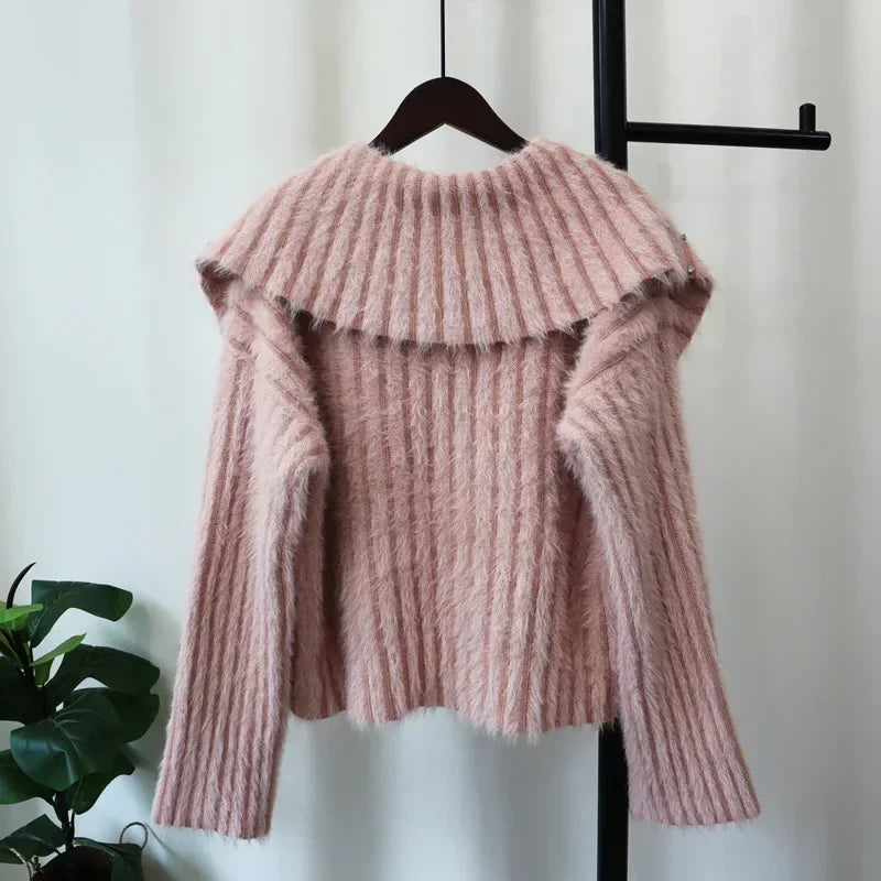 Diamond Peter Pan Collar 2024 Woman Cardigan Single Breasted Ropa Mujer Waterproof Mink Outerwears Loose Sweater Cardigans