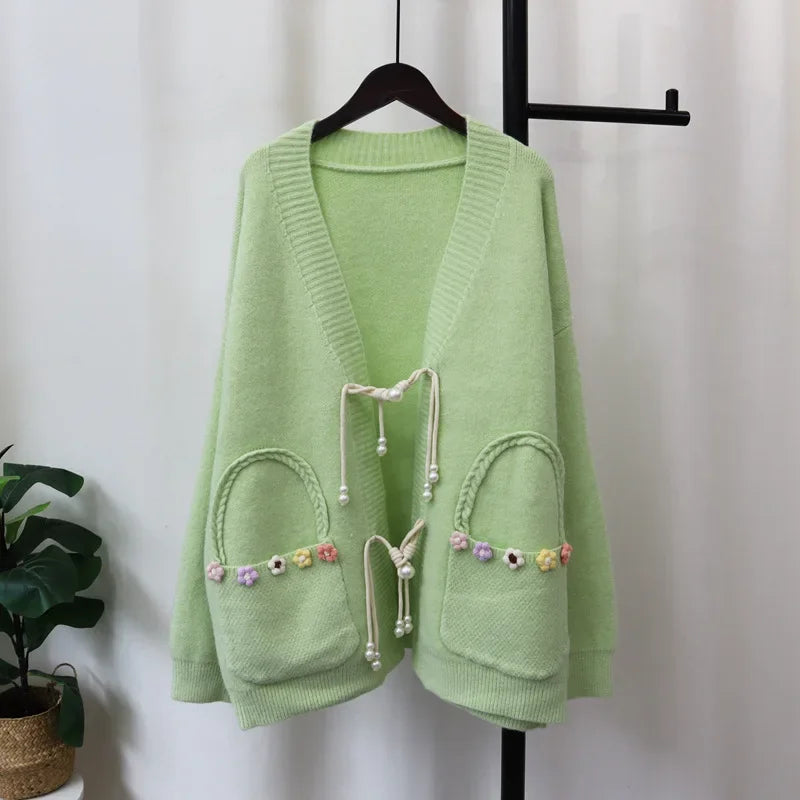 Disc Button 2024 Woman Cardigan Floral Pockets Ropa Mujer V-neck Long Sleeve Outerwears Sweater New Chinese Style Cardigans