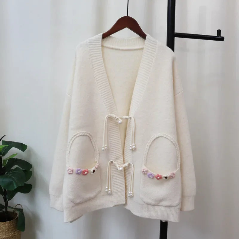 Disc Button 2024 Woman Cardigan Floral Pockets Ropa Mujer V-neck Long Sleeve Outerwears Sweater New Chinese Style Cardigans