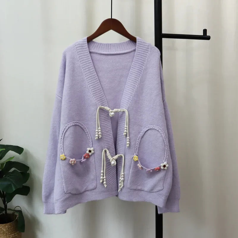 Disc Button 2024 Woman Cardigan Floral Pockets Ropa Mujer V-neck Long Sleeve Outerwears Sweater New Chinese Style Cardigans