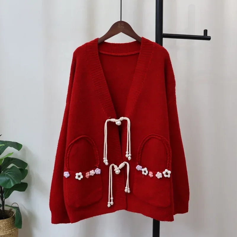 Disc Button 2024 Woman Cardigan Floral Pockets Ropa Mujer V-neck Long Sleeve Outerwears Sweater New Chinese Style Cardigans