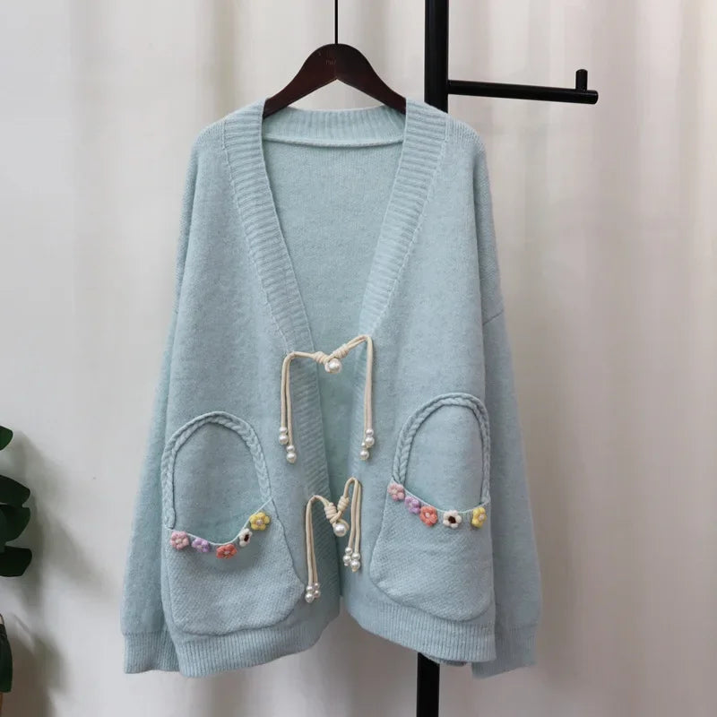 Disc Button 2024 Woman Cardigan Floral Pockets Ropa Mujer V-neck Long Sleeve Outerwears Sweater New Chinese Style Cardigans
