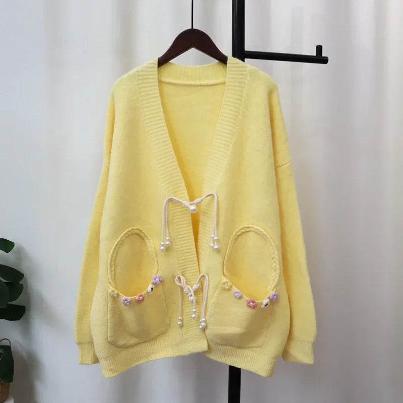 Disc Button 2024 Woman Cardigan Floral Pockets Ropa Mujer V-neck Long Sleeve Outerwears Sweater New Chinese Style Cardigans