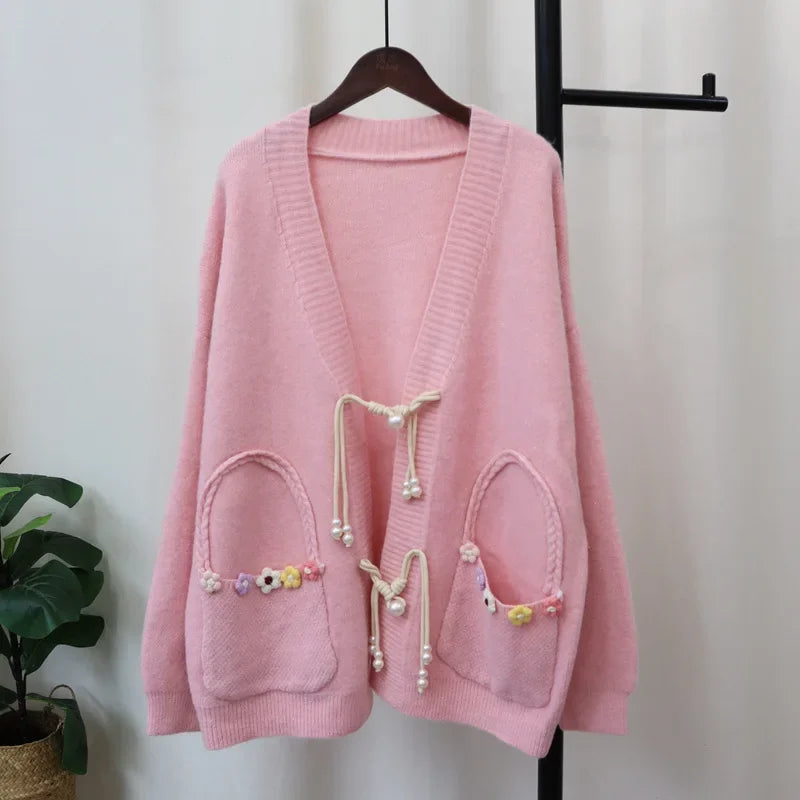 Disc Button 2024 Woman Cardigan Floral Pockets Ropa Mujer V-neck Long Sleeve Outerwears Sweater New Chinese Style Cardigans