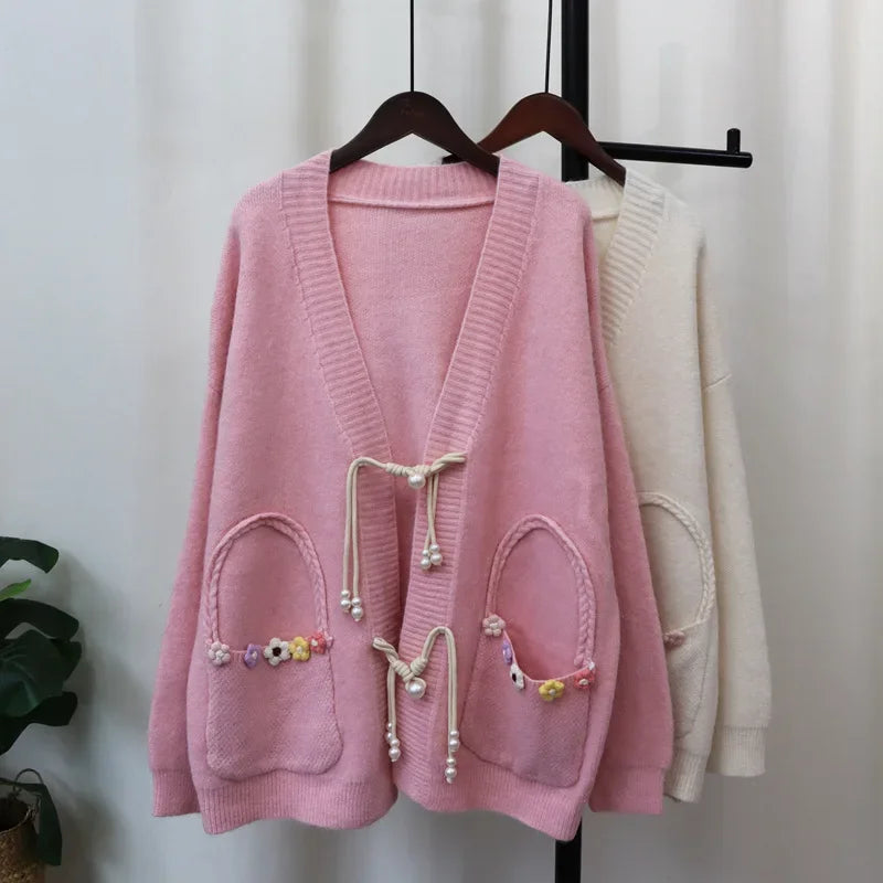 Disc Button 2024 Woman Cardigan Floral Pockets Ropa Mujer V-neck Long Sleeve Outerwears Sweater New Chinese Style Cardigans