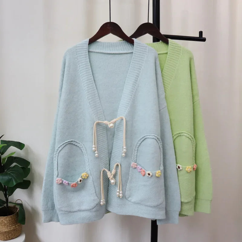 Disc Button 2024 Woman Cardigan Floral Pockets Ropa Mujer V-neck Long Sleeve Outerwears Sweater New Chinese Style Cardigans