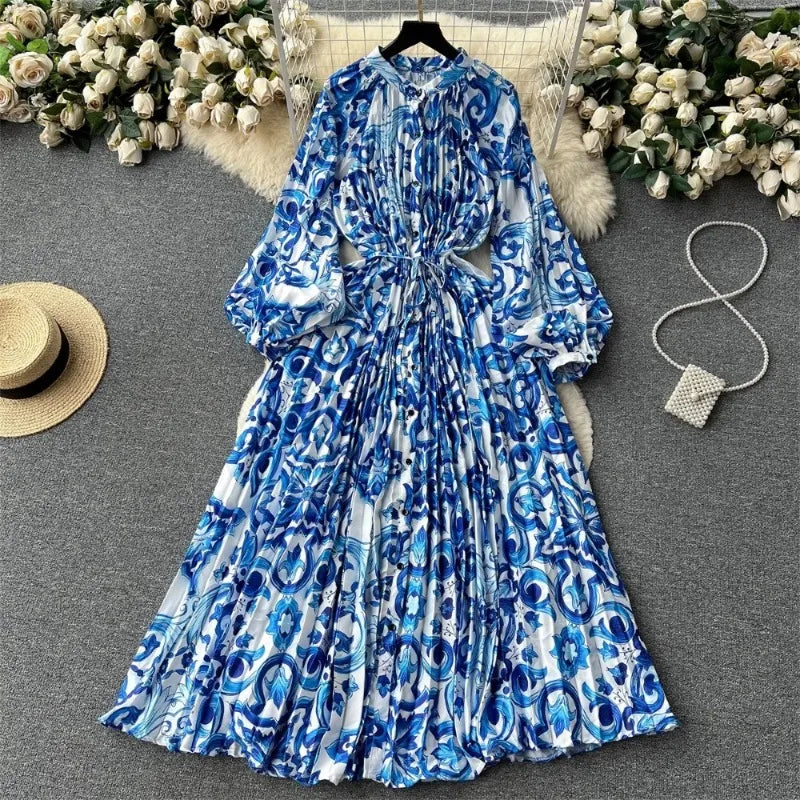 Elegant Vintage Print Pleated Dress SA122