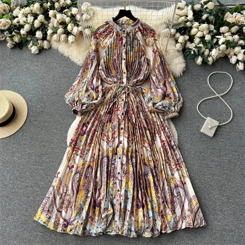 Elegant Vintage Print Pleated Dress SA122