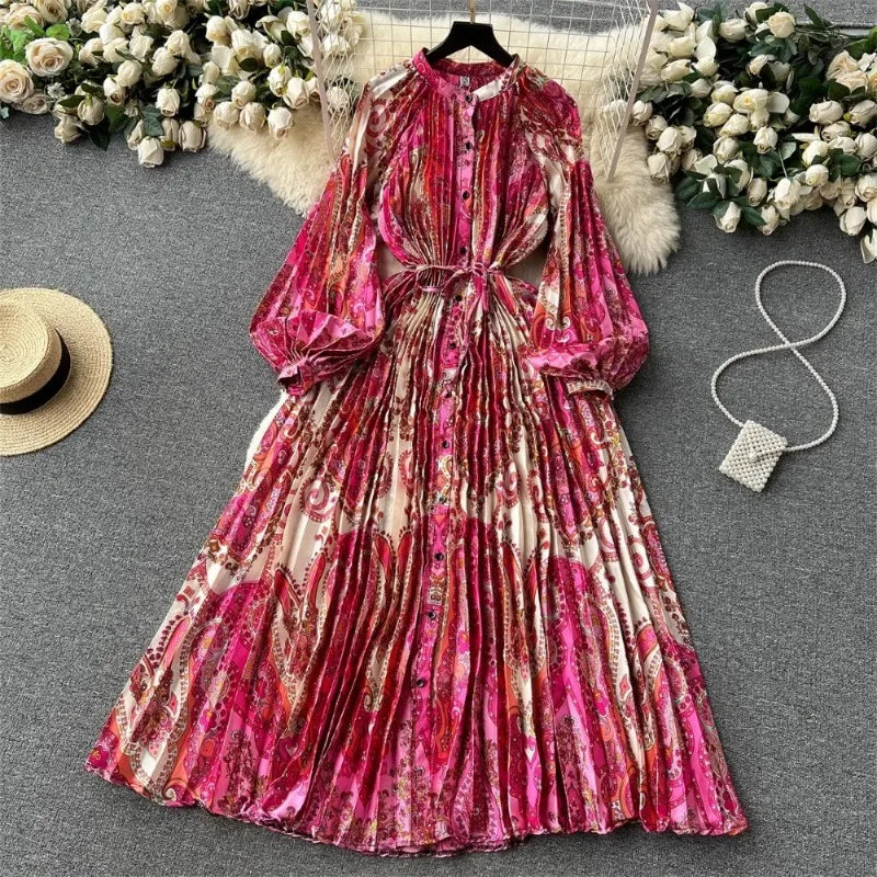 Elegant Vintage Print Pleated Dress SA122