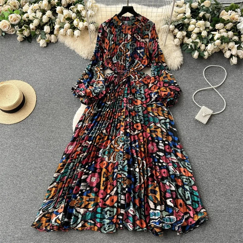 Elegant Vintage Print Pleated Dress SA122