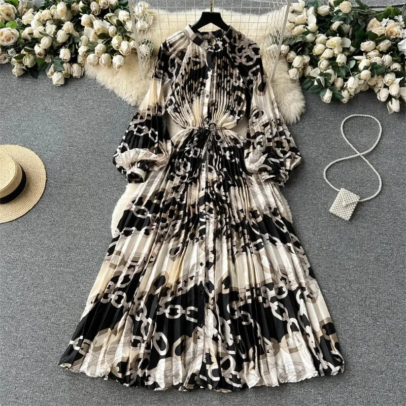 Elegant Vintage Print Pleated Dress SA122
