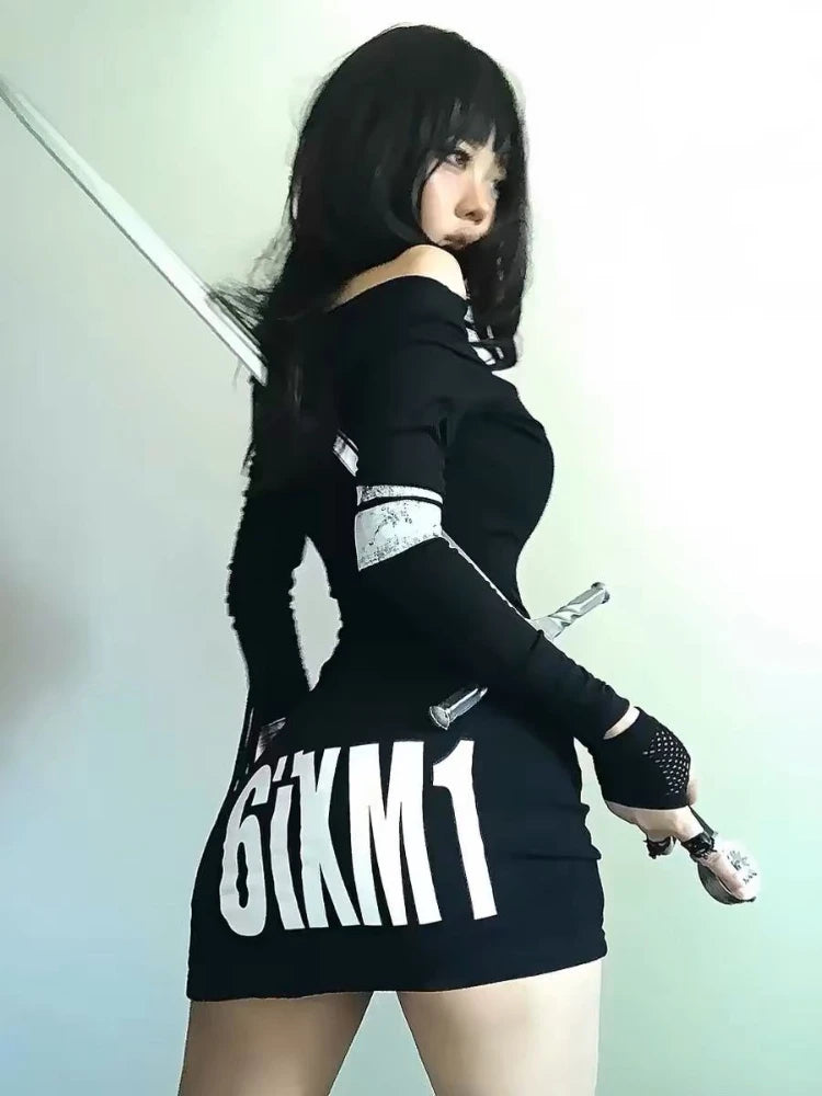 High Street Off The Shoulder Slim Fit Punk Vintage Print Dresses SA185-SA191