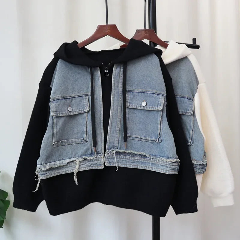 Fake Two Piece 2024 Woman Cardigan Hooded Zipper Ropa Mujer Patchwork Denim Outerwears Autumn New Sweater Loose Cardigans