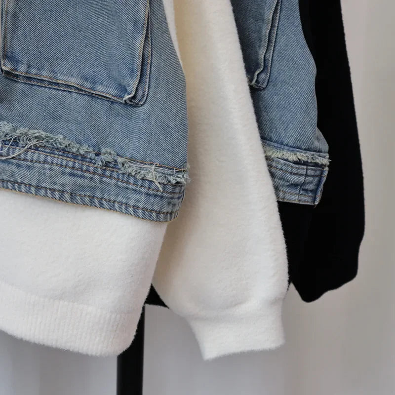 Fake Two Piece 2024 Woman Cardigan Hooded Zipper Ropa Mujer Patchwork Denim Outerwears Autumn New Sweater Loose Cardigans