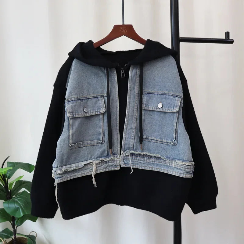 Fake Two Piece 2024 Woman Cardigan Hooded Zipper Ropa Mujer Patchwork Denim Outerwears Autumn New Sweater Loose Cardigans