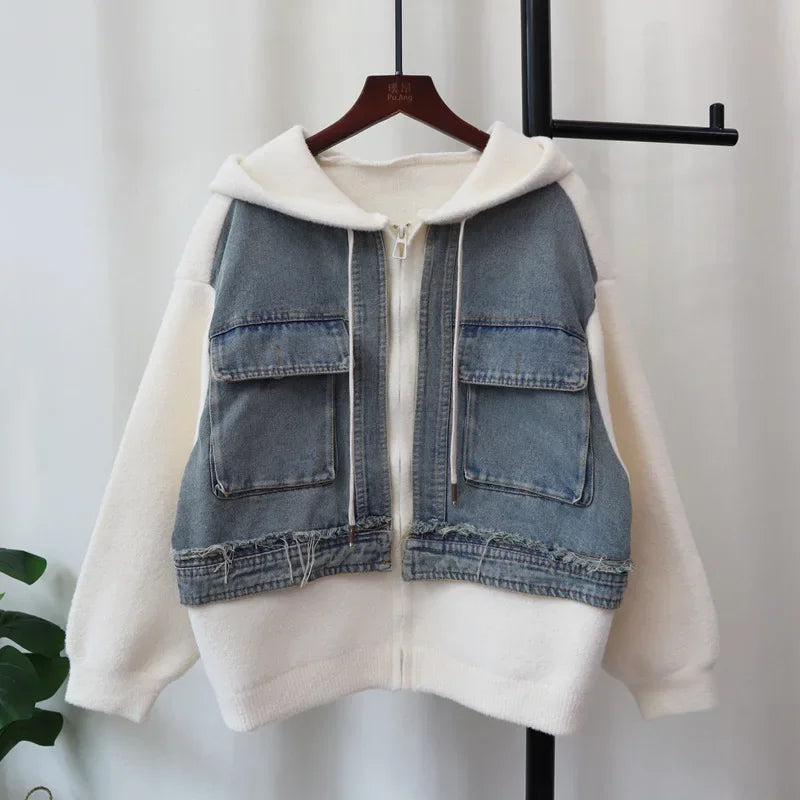 Fake Two Piece 2024 Woman Cardigan Hooded Zipper Ropa Mujer Patchwork Denim Outerwears Autumn New Sweater Loose Cardigans