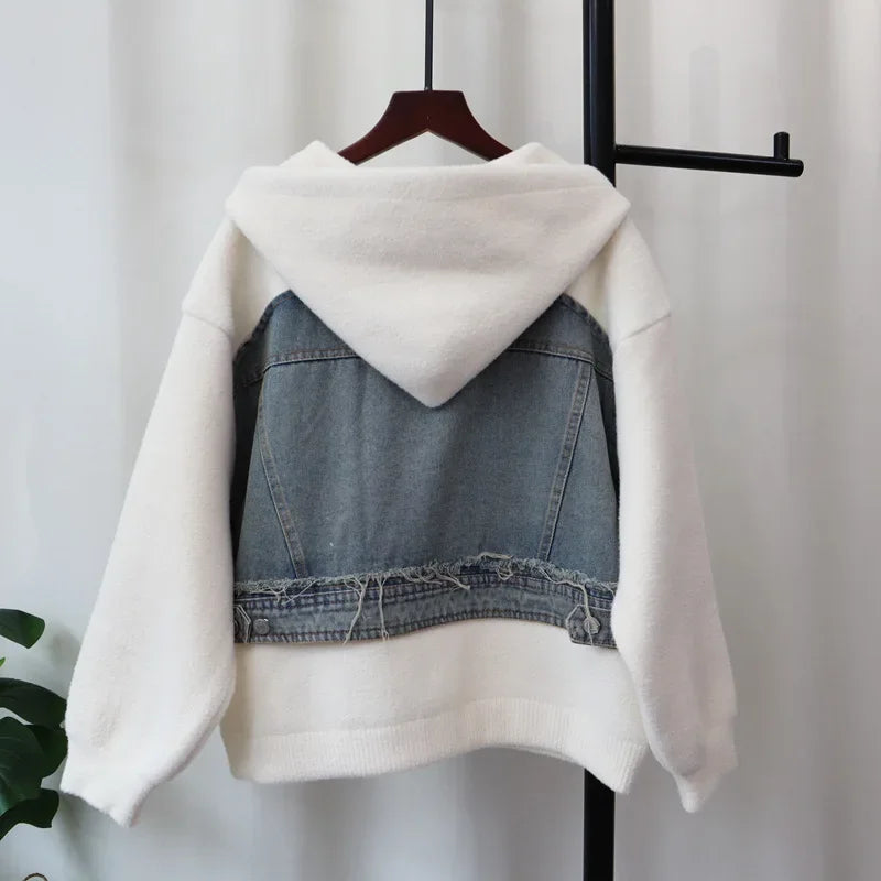 Fake Two Piece 2024 Woman Cardigan Hooded Zipper Ropa Mujer Patchwork Denim Outerwears Autumn New Sweater Loose Cardigans