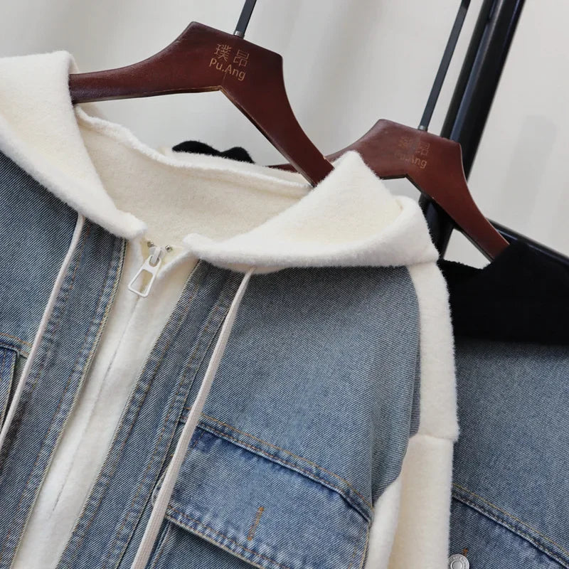 Fake Two Piece 2024 Woman Cardigan Hooded Zipper Ropa Mujer Patchwork Denim Outerwears Autumn New Sweater Loose Cardigans