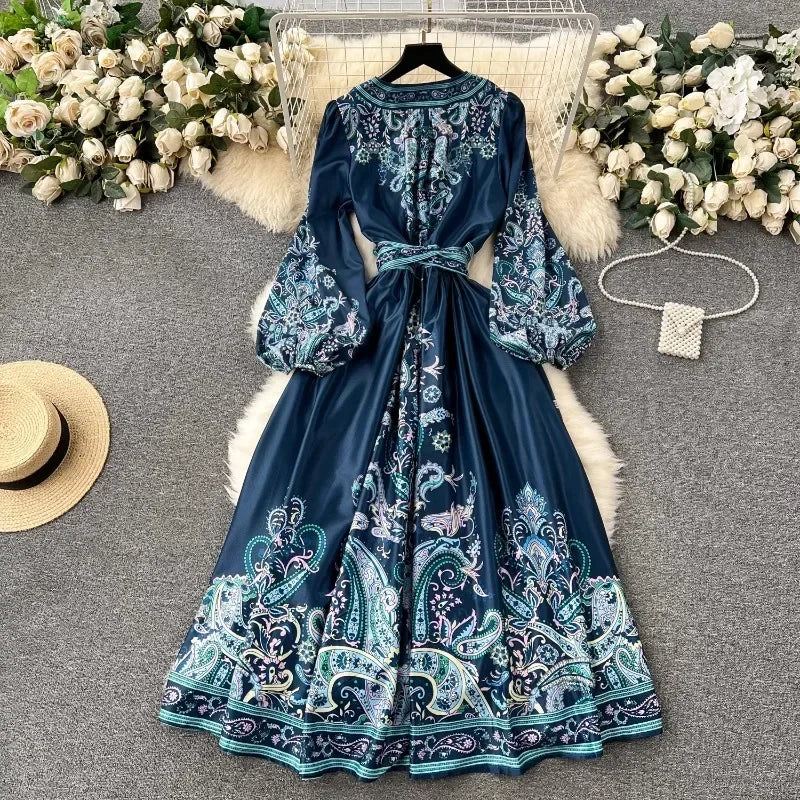 French Retro V-Neck Lace Up Slim Waist Dresses SA124