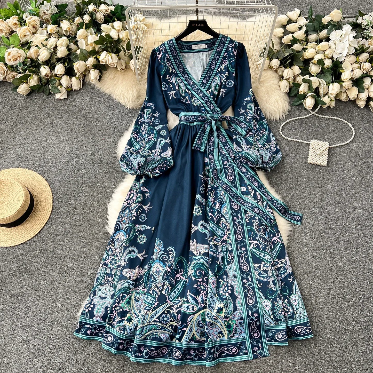 French Retro V-Neck Lace Up Slim Waist Dresses SA124