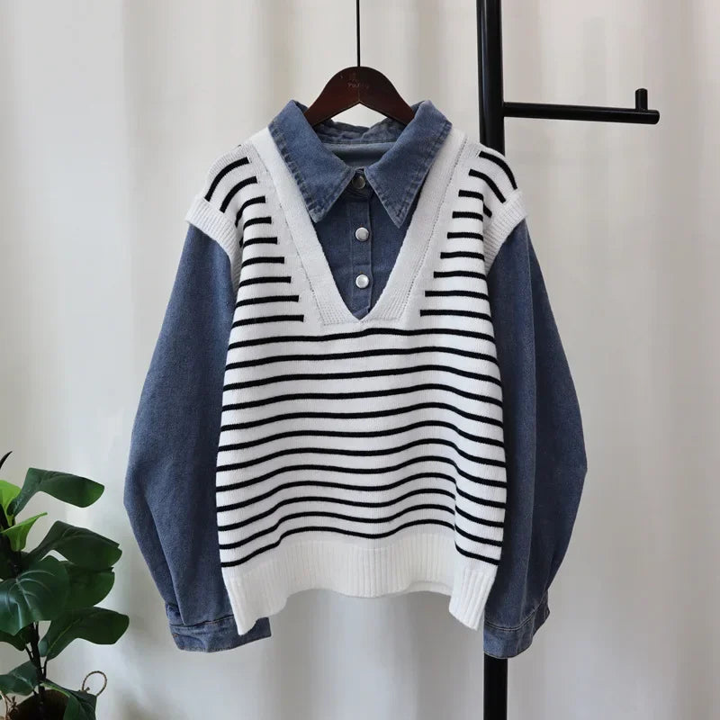 Hit Color Striperopa Mujer 2024 Woman Sweater Patchwork Denim Roupas Feminina Fake Two Piece Tops Autumn Winter New Outerwears