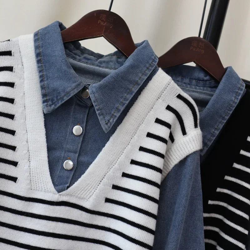 Hit Color Striperopa Mujer 2024 Woman Sweater Patchwork Denim Roupas Feminina Fake Two Piece Tops Autumn Winter New Outerwears