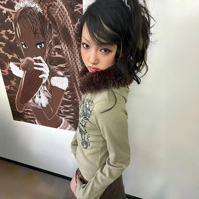 Fur Hooded Cardigan Vintage Harajuku Knitted Jacket SA151
