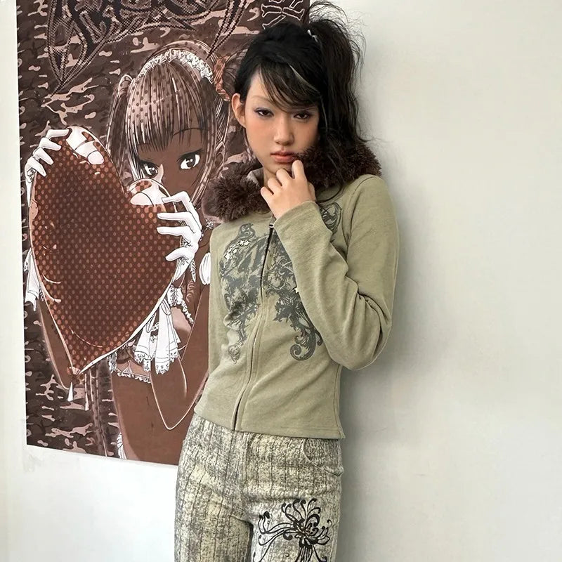 Fur Hooded Cardigan Vintage Harajuku Knitted Jacket SA151