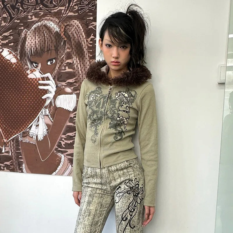 Fur Hooded Cardigan Vintage Harajuku Knitted Jacket SA151