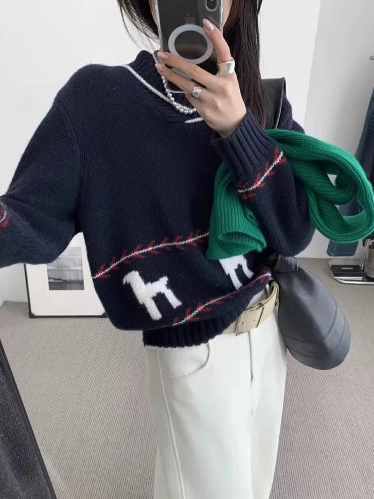 Korea Chic Retro Lapels Autumn Winter Chic Jacquard Design All-match Pullovers Contrast Long-sleeved Knitted Sweater Women