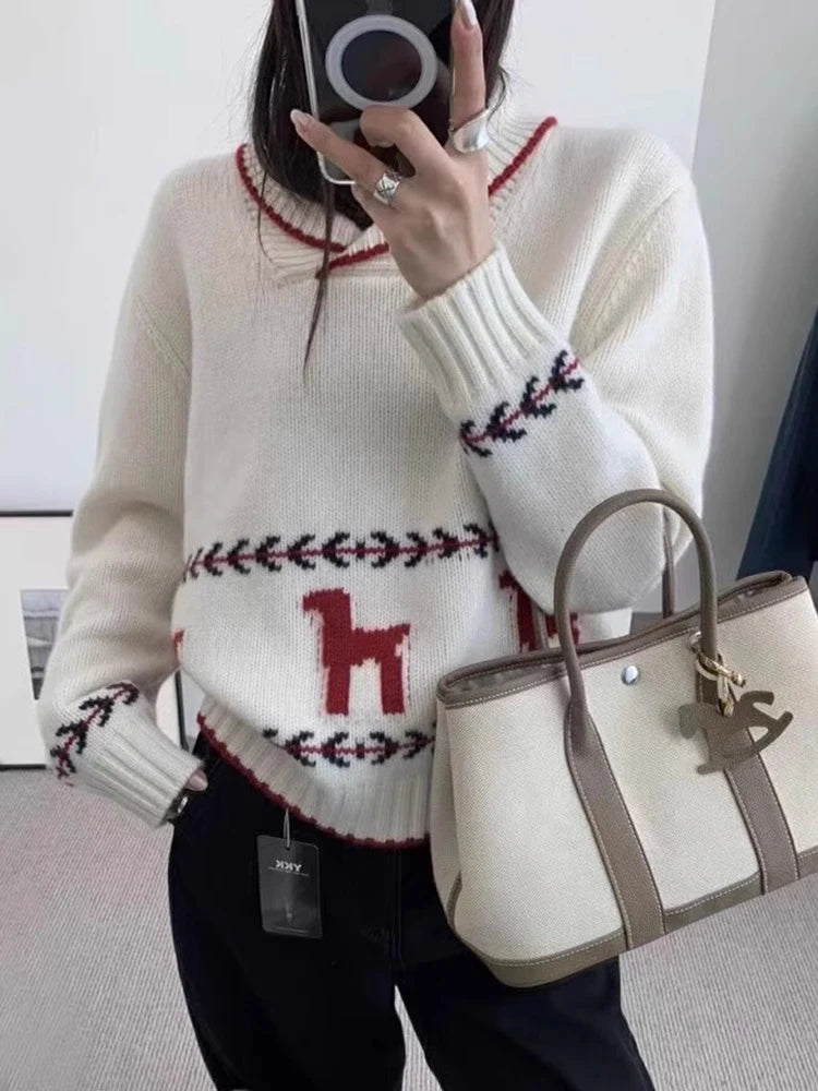 Korea Chic Retro Lapels Autumn Winter Chic Jacquard Design All-match Pullovers Contrast Long-sleeved Knitted Sweater Women