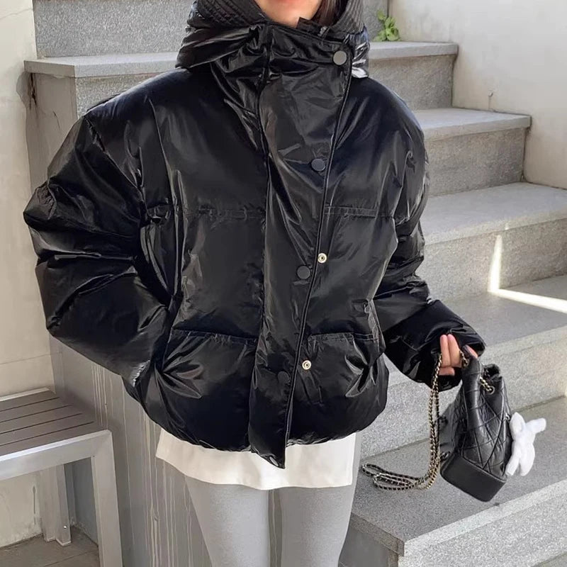 Korean Chic Winter High-quality Temperament Relaxed Thick Luster All-match Long-sleeved Hooded Cotton-padded Jacket Coat Woman