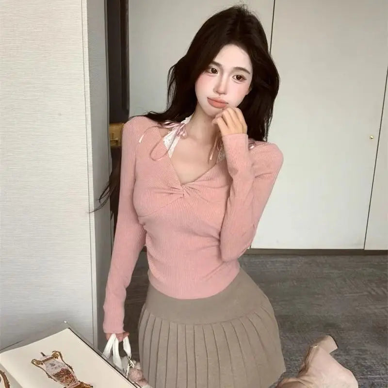 V-neck Long Sleeved Pure Desire Minimalist Tight Top SA168