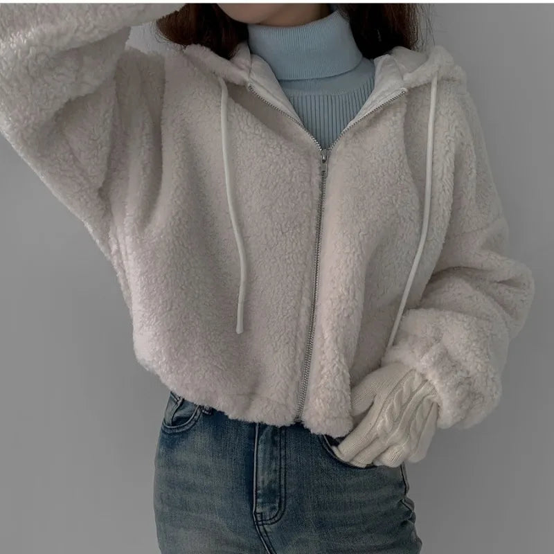 KUZUWATA Abrigos Invierno 2024 Woman Outerwears Winter Warm Zipper Jacket Hooded Long Sleeve Parkas Vintage Loose Coats