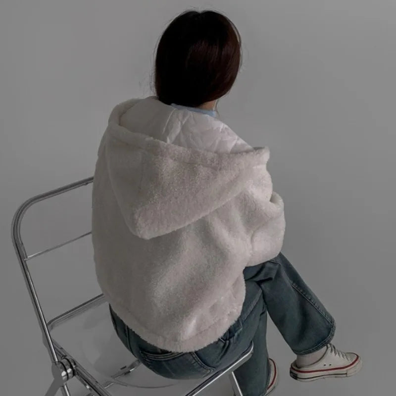 KUZUWATA Abrigos Invierno 2024 Woman Outerwears Winter Warm Zipper Jacket Hooded Long Sleeve Parkas Vintage Loose Coats