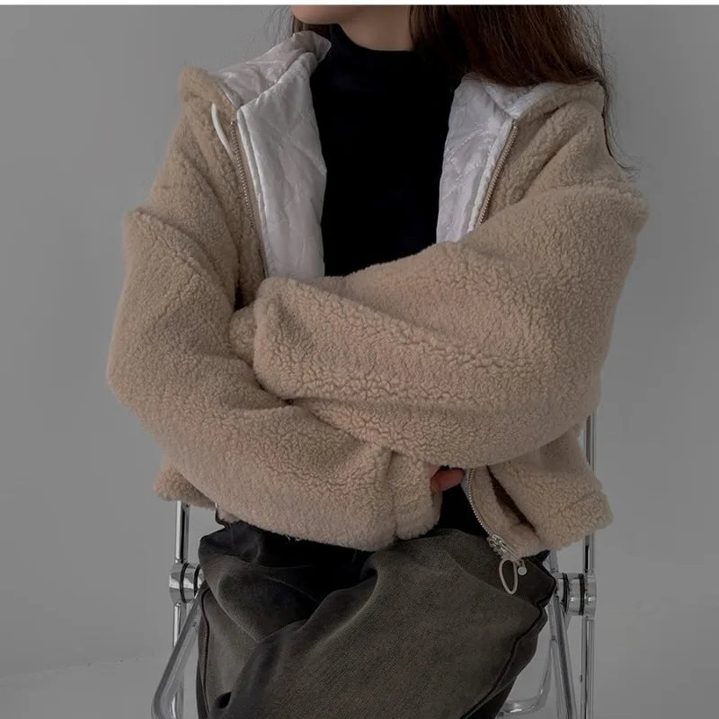 KUZUWATA Abrigos Invierno 2024 Woman Outerwears Winter Warm Zipper Jacket Hooded Long Sleeve Parkas Vintage Loose Coats