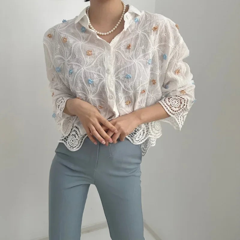 Temperament Blouse Embroidery Splicing Shirt 52B376