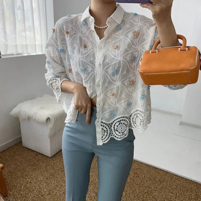 Temperament Blouse Embroidery Splicing Shirt 52B376