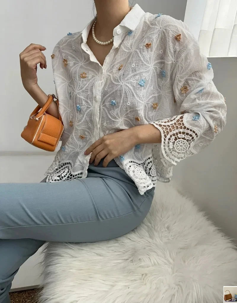 Temperament Blouse Embroidery Splicing Shirt 52B376