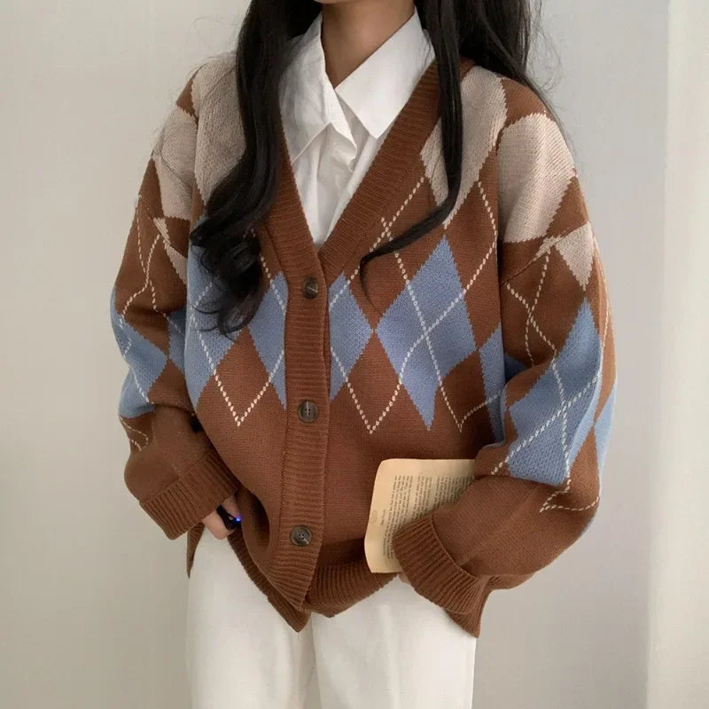 V-Neck Diamond Grid Knitted Cardigan SA026