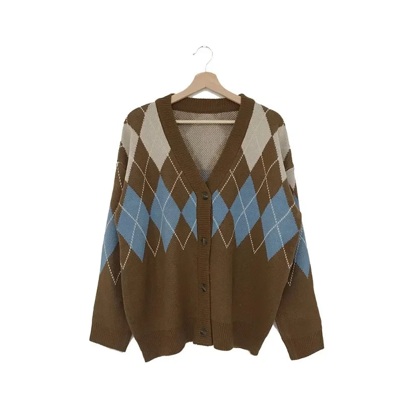 V-Neck Diamond Grid Knitted Cardigan SA026