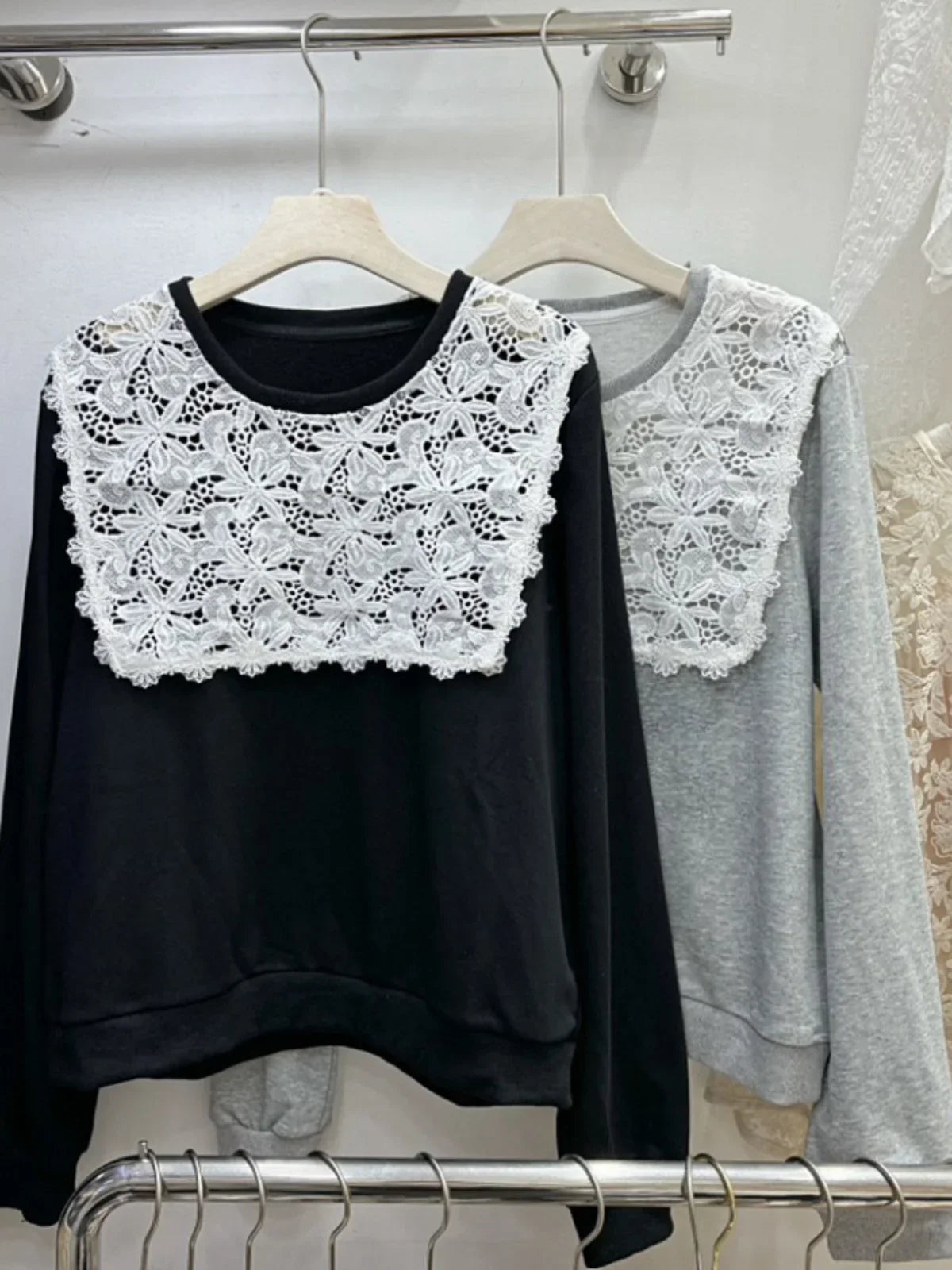 Lace Splicing Sweatshirts Femme Simple Long Sleeve Hoodie 52B357
