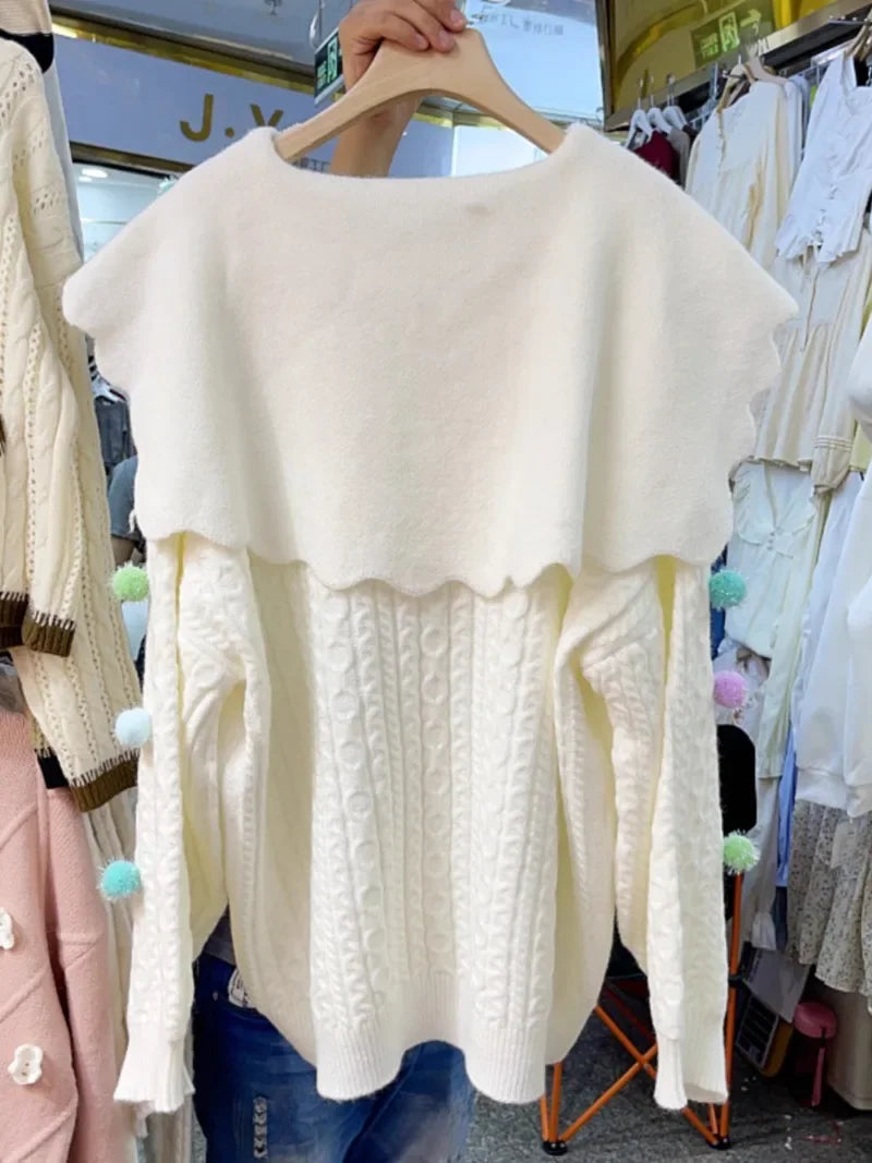Navy Collar Knitted Cardigan Femme Long Sleeve
