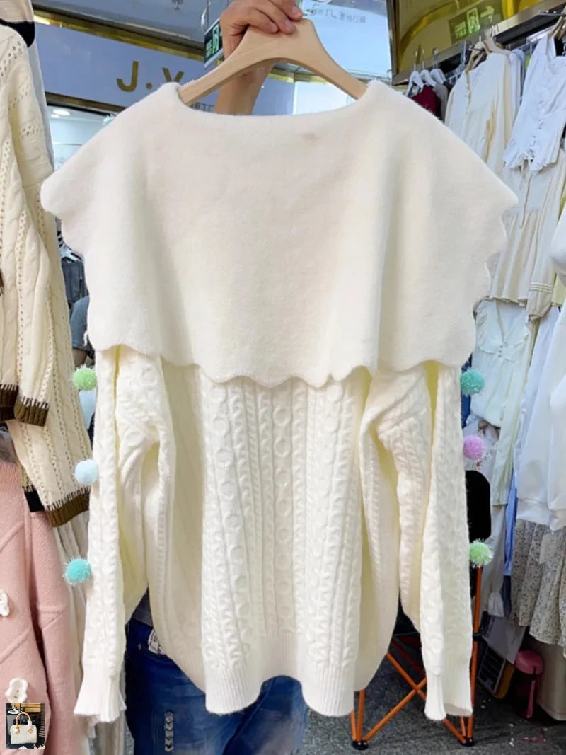 Navy Collar Knitted Cardigan Femme Long Sleeve