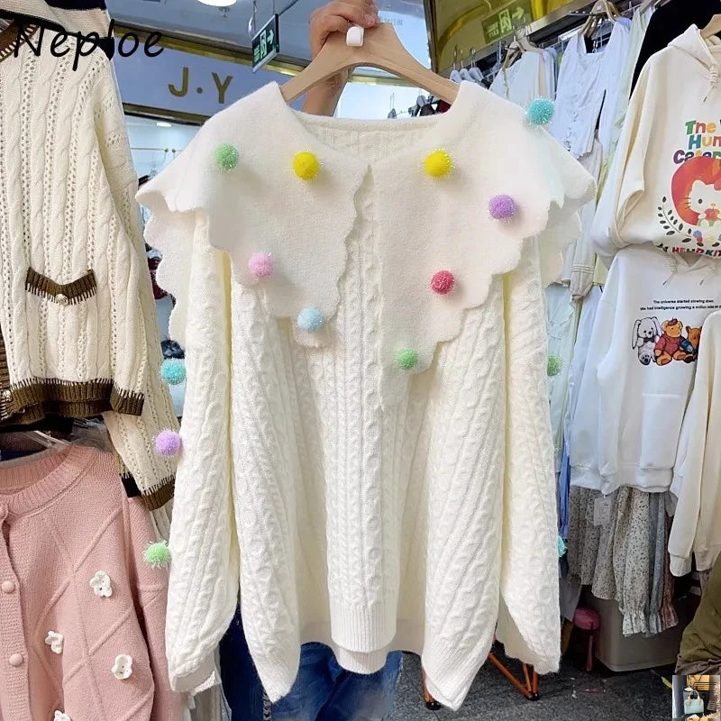 Navy Collar Knitted Cardigan Femme Long Sleeve